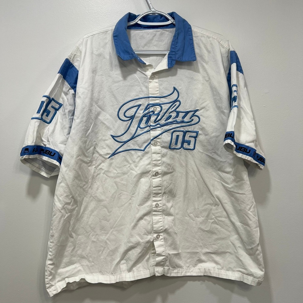 FUBU Mens Shirt Large Y2K Vintage Blue White Sport Jersey Polo Button sold as is